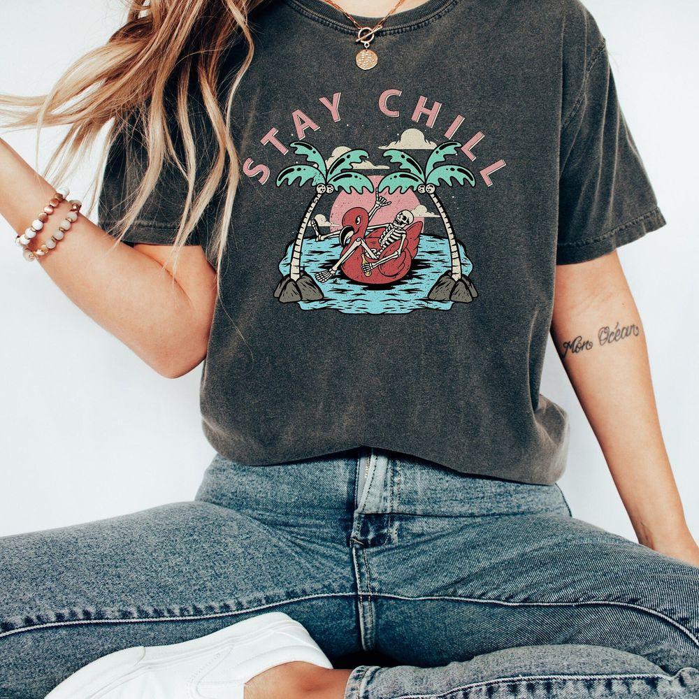 Comfort Colors Stay Chill Skeleton Palm Trees Beach T-shirt Waves Watermelon Beach Shirt Vintage Sunshine Beach Summer Better Together Graphic Printed Merch